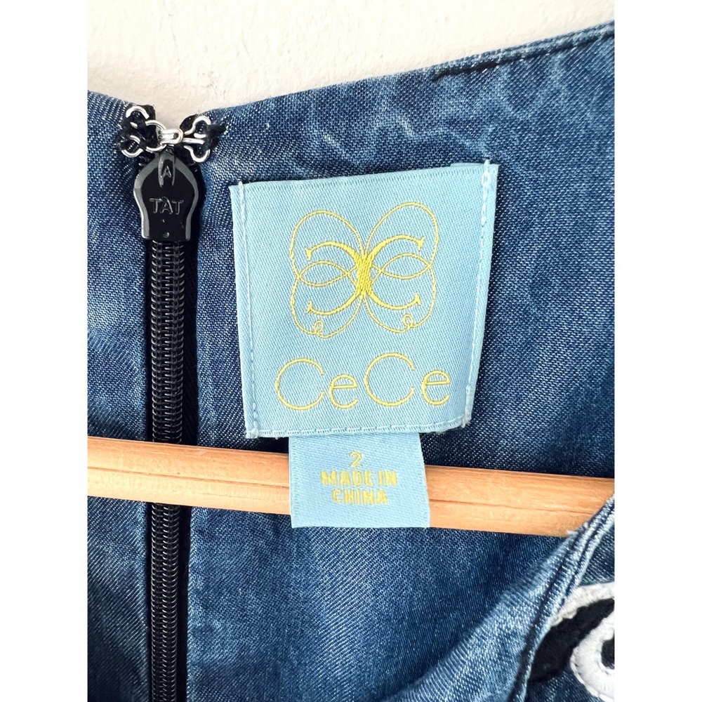 Cece 🌈 Embroidered Chambray Dottie Shift Dress in Caviar Denim - Picture 6 of 16